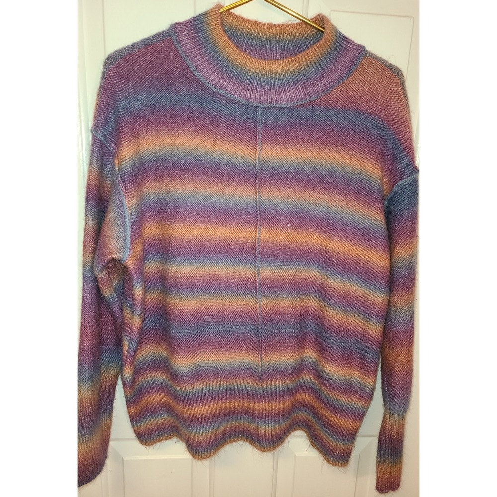 Beach Lunch Lounge Sweater Women's XL 16/18 Purple Orange Stripes Mock Neck Soft